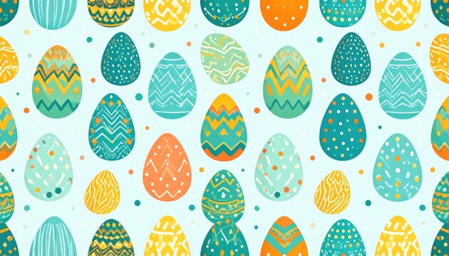Dense seamless pattern of colorful patterned Easter eggs.