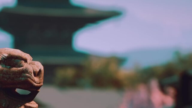 A detailed dragon sculpture stands proudly in the foreground, watching over a classic pagoda nestled among lush trees. The serene scene is filled with soft colors and inviting atmosphere.