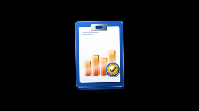 3D business clipboard animation with rising bar charts and a success checkmark seal, 4K motion graphic for corporate data analysis and task management reports.