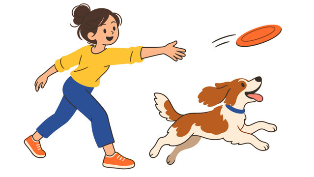 Girl tossing an orange flying disc as a dog leaps to catch it