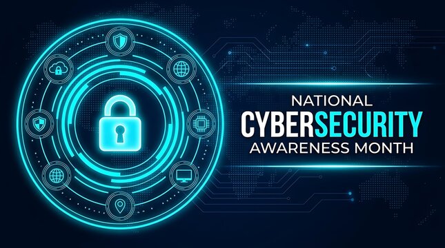 Digital padlock graphic with surrounding icons represents cybersecurity awareness month safeguarding data and online safety for all users protecting digital information.