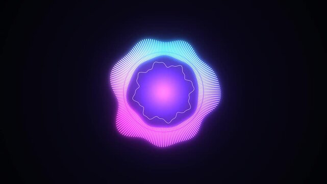 Abstract glowing sound wave equalizer pulsating with neon pink and blue light on a dark background