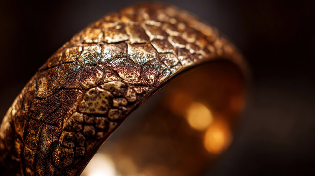 Close up of textured bronze metal bracelet with engraved geometric surface and warm highlights against a dark background, detailed curved jewelry accessory