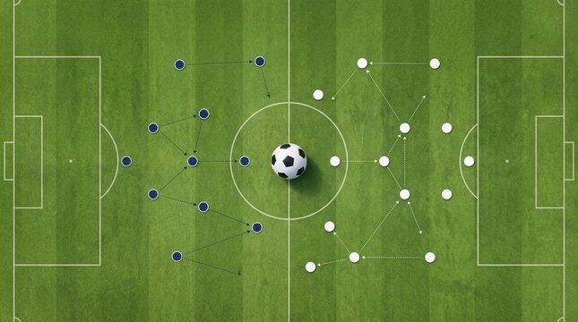 Conceptual Digital Soccer Tactics Illustration showing Strategic Player Formations and Ball on a Green Football Pitch Top View