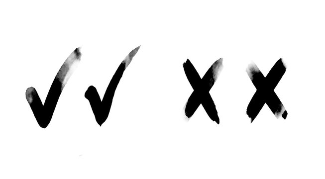 Watercolor check marks. Tick and Cross X check mark, approved and reject icon, yes or no. Selection and rejections. Accept and reject icons.
