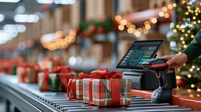 bright modern fulfillment warehouse during the holiday rush, conveyor belt carrying festive wrapped parcels with red ribbons, a handheld scanner and tablet showing an abstract trac