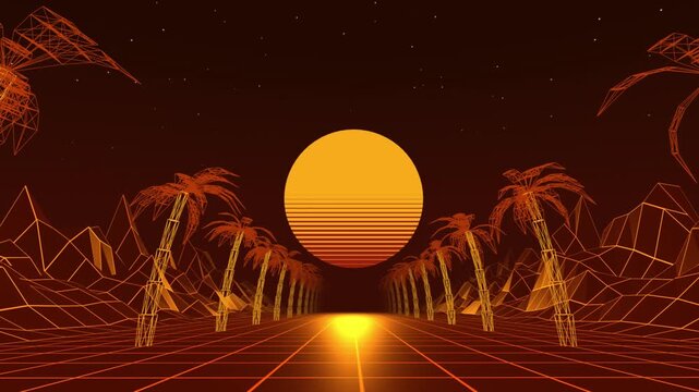 Retro outrun highway moves between wireframe palm trees toward a glowing golden yellow sun in an amber 3D animation