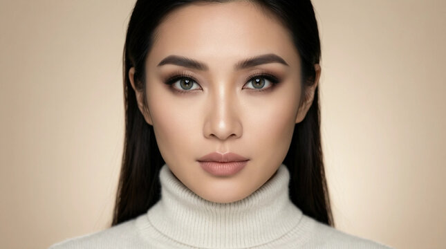 Portrait of a young woman with dark hair and neutral makeup, wearing a white turtleneck against a soft beige background