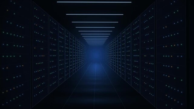 Futuristic data center server room with glowing lights and a blue haze in a long corridor perspective