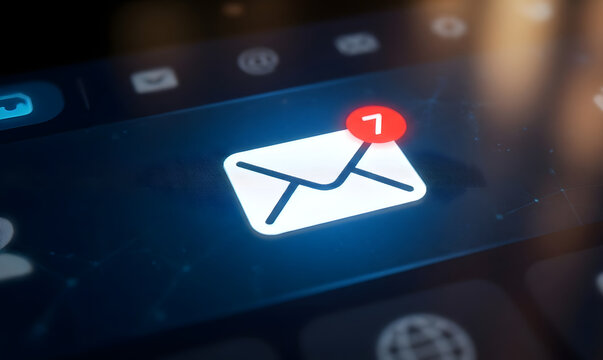 Conceptual visualization of email overload featuring a massive stream of digital messages, emails and notifications overwhelming a computer workspace.