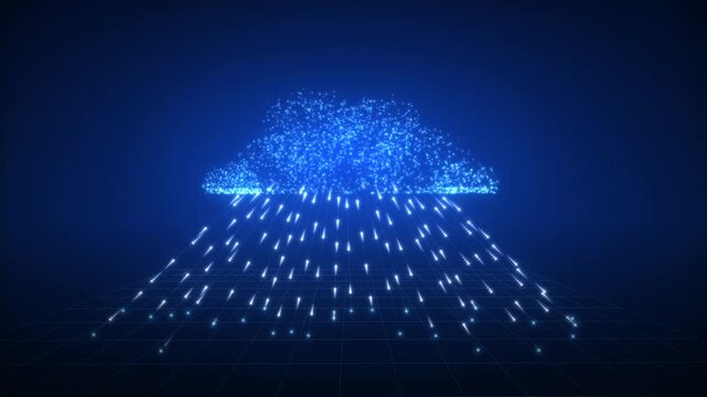 Digital cloud raining glowing particles on a futuristic grid, representing data transfer and cloud computing