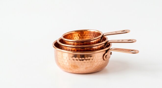 Nested copper measuring cups isolated on white background