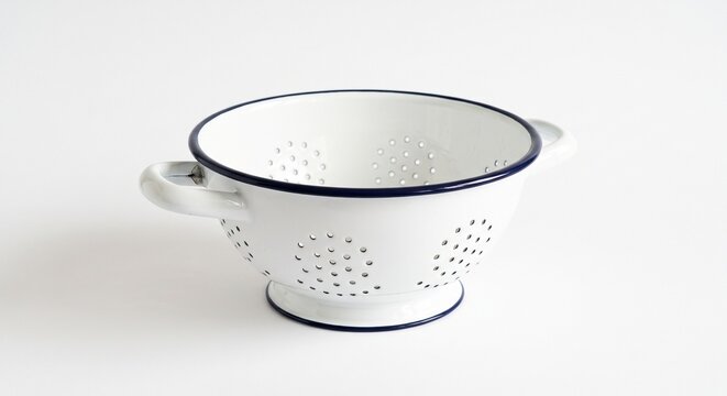 White enamel colander with drainage holes isolated on white background