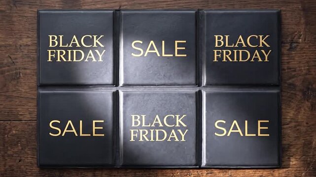 Black Friday sale text on dark tiles resting on a rustic wooden table