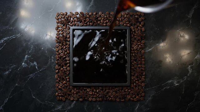 Hot coffee pouring into square tray with roasted beans and star anise