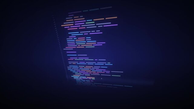 Abstract digital code scrolling on a dark blue background with colorful syntax highlighting in three frames representing a video clip