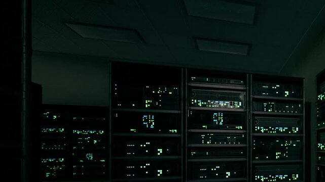 Rows of dark server racks emit a mysterious green glow in a softly lit data center. The serene atmosphere contrasts with the intense technology at work.