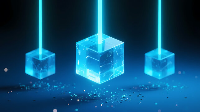 Three floating blue translucent cubes