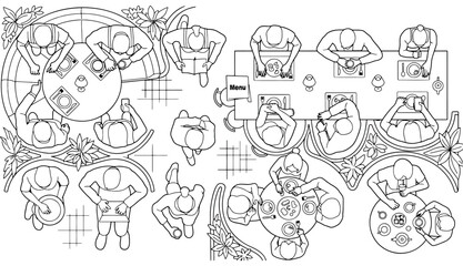 Obraz premium set of people dining in restaurant top view. plan drawings outline illustration for architectural, group of friends eating and talking in cafe concept. black minimalist line art illustration
