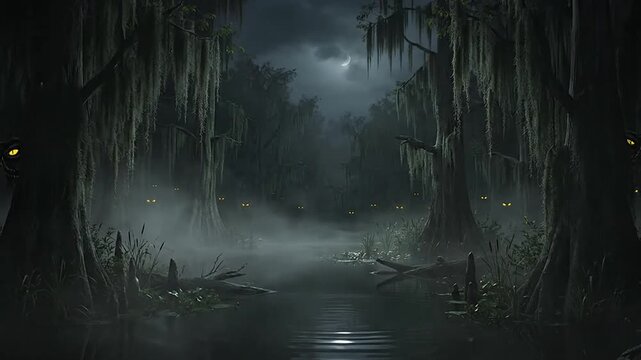 Creepy swamp at night with glowing yellow eyes in the spooky misty bayou