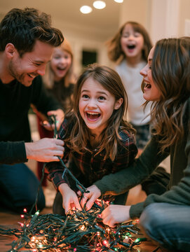 Family untangling christmas lights laughing together