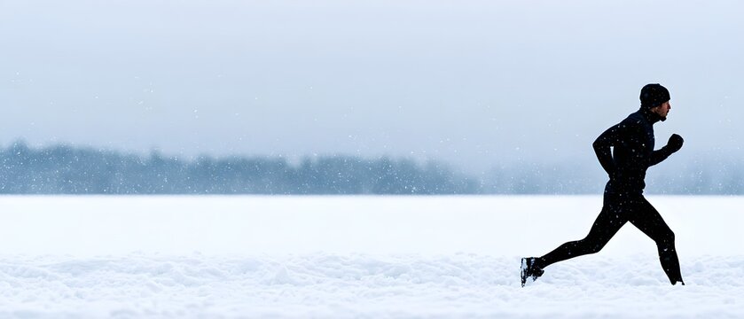 A runner strides through a snowy park under a bright winter sky with ample copy space on the left side