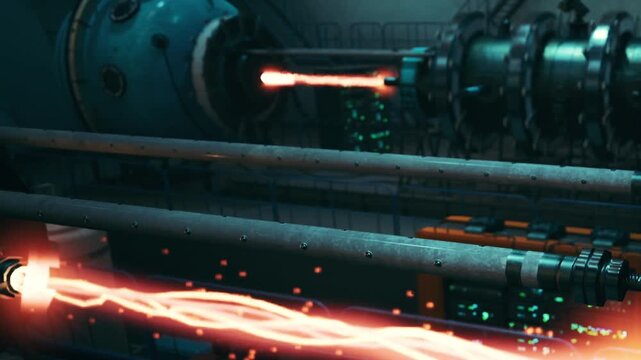 Inside a high tech laboratory, beams of energy dance along conduits, showcasing groundbreaking experiments. Researchers engage with complex equipment in pursuit of new energy sources.