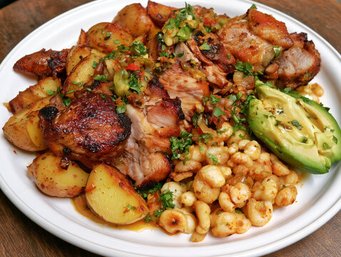 Hornado ecuadorian pork dish with roasted potatoes and mote