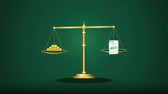 4K motion graphic animation of golden scales balancing gold bars and business reports, ideal for financial investment and corporate presentations.