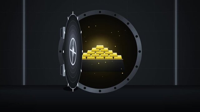 4K motion graphic animation of a bank vault door opening to reveal glowing gold bars, ideal for financial security and banking investment advertisement