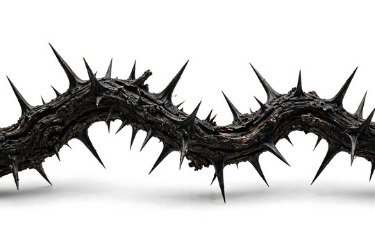 A dark twisted branch covered in sharp thorns isolated against a white background