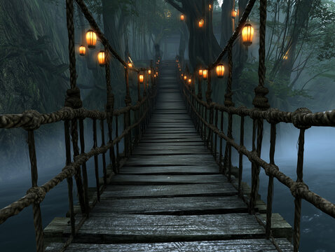 Rope bridge crossing misty jungle river with glowing lanterns