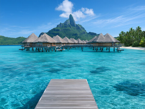 Overwater bungalows in bora bora with mount otemanu