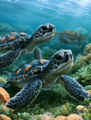 Fototapeta premium Baby sea turtles swimming underwater in ocean habitat