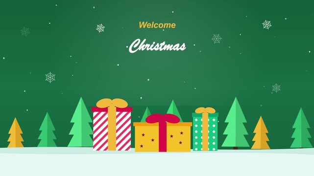 Welcome Christmas motion graphic animation with festive gift boxes and pine trees on green background, 4K footage for holiday greetings and seasonal commercials.