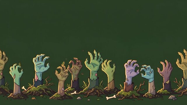 Animated zombie hands rising from the ground in a spooky graveyard