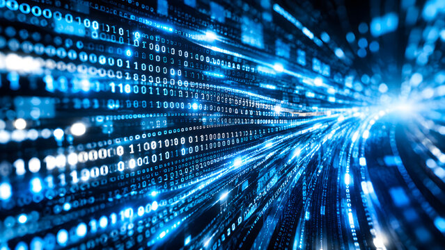 Abstract futuristic computer code and programming interface displayed across multiple digital screens, featuring glowing blue, cyan, lines in a dark high-tech environment. 