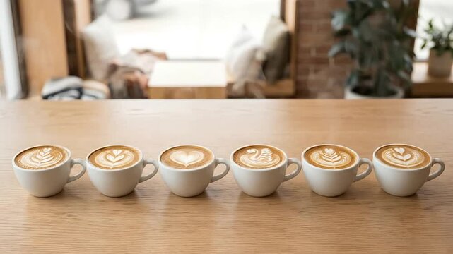 Six cups of latte art arranged in a row on a wooden cafe counter