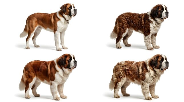 Four St. Bernard dogs in different coat types, showing their gentle giant stature against a white background