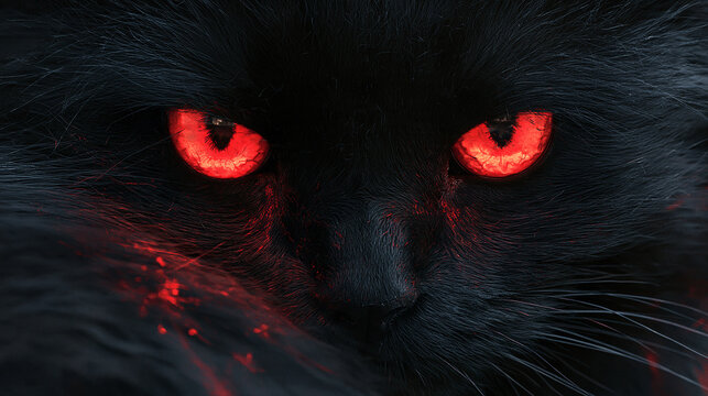 A close-up, dramatic portrait of a mysterious black cat with intensely glowing, fiery red eyes, creating an eerie and powerful mythical aura against its dark fur.