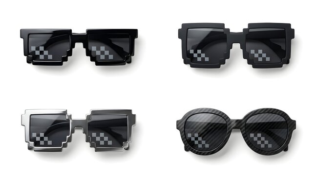 Pixelated black and silver meme glasses set isolated on white background for internet culture designs