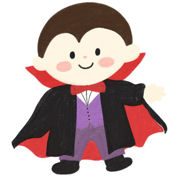 Cute hand drawn crayon texture little vampire boy wearing Dracula cape costume illustration, rough wax pastel Halloween character isolated on transparent background PNG clipart for party card and stic