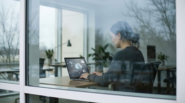 Person working on a laptop computer inside an office viewed through a glass window with reflections office interior window reflection remote worker business technology modern works