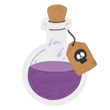 Cute hand drawn crayon texture purple poison potion bottle with cork stopper and skull label tag illustration, rough wax pastel magic elixir Halloween element isolated on transparent background PNG cl