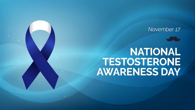 National testosterone awareness day banner with blue ribbon on a dark blue background