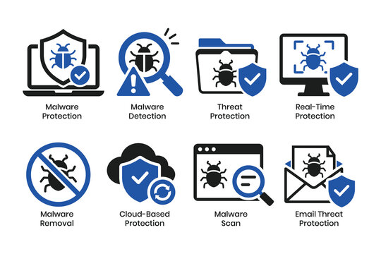 Cybersecurity and Malware Protection Icon Set with Threat Detection, Rootkit, Cloud Security, Spyware and Email Protection