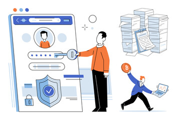 Person logging into a secure digital account vector illustration. Cybersecurity, data protection, identity verification, financial management, information storage, online safety. User accessing © Dmytro