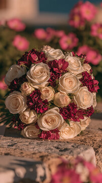 Bridal bouquet with cream rose and burgundy flower resting on weathered stone, creating romantic wedding arrangement in warm light