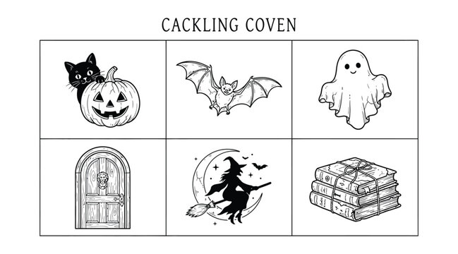 Set of cackling coven themed halloween illustrations
