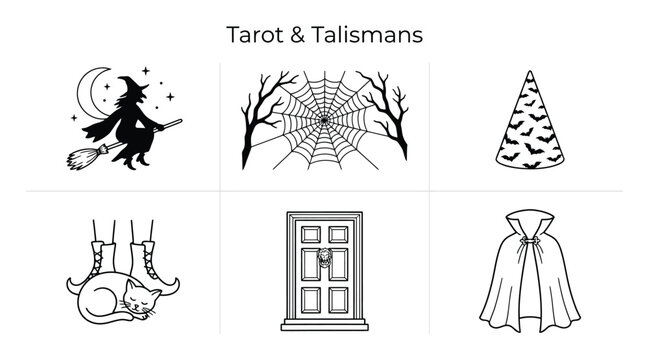 Set of halloween icons with witch, spider web, cat, door and cloak